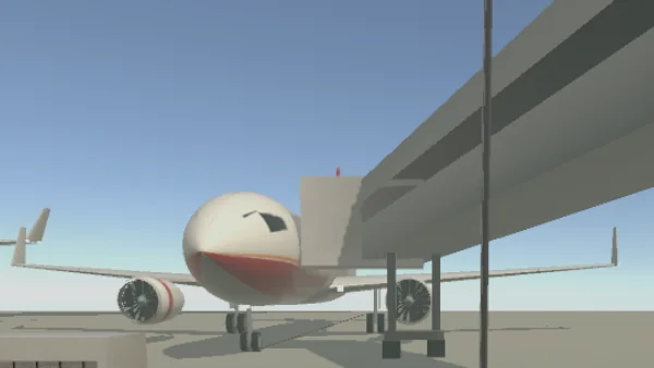A jet parked at its stand by a jet bridge at MM2, seen from the terminal window, in the game