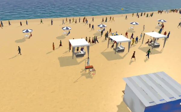 A busy Sunday at Elegushi Beach with cabanas, umbrellas and the crowd on the sand, in the game