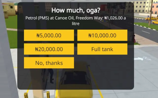 The fill-up choice at the pump: the price per litre, then ₦5,000, ₦10,000, ₦20,000 or Full tank, in the game