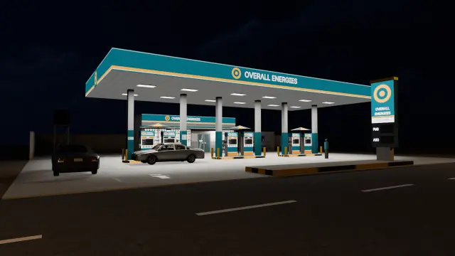 A filling station at night with its canopy, pumps and price sign lit and cars at the pumps, from the game's station model