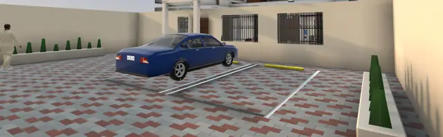 A blue saloon parked in its bay in the paved compound of a Lekki duplex, in the game