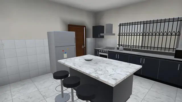 A duplex kitchen with a marble island, bar stools, a fridge and a gas cooker, by day, in the game