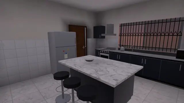 A duplex kitchen at dusk with the lights on and an orange sky in the window, in the game
