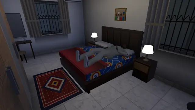 A player asleep on a double bed in the flat bedroom at night, bedside lamps glowing, in the game
