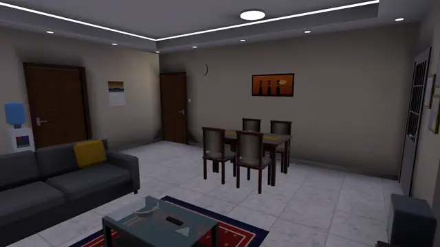 The dining table and chairs at the back of the flat sitting room in the evening, ceiling lights on, in the game